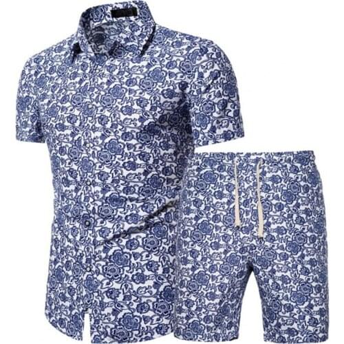 2Pcs/Set Mens Tracksuit Beach Outfits Floral Print Mens Sets Short Sleeve Lapel Shirts Shorts Men Hawaii Outfits ropa hombre
