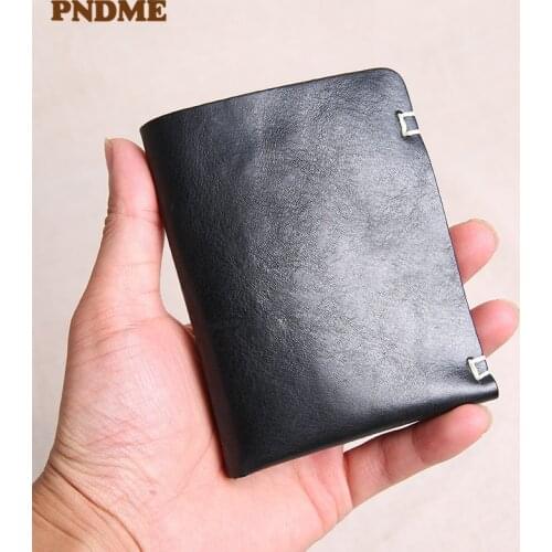 PNDME hand-stitched genuine leather mens small wallet simple vintage designer natural soft real cowhide student black purse