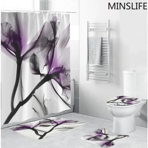 3D Print Purple Flowers Shower Curtain Set Bathroom Curtains and Bath Mats Rugs Anti-slip Carpet Bathtub Toilet Home Decor