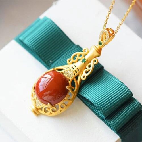 New silver inlaid natural south red vase Pendant Necklace Chinese style retro unique sand gold craft charm womens brand jewelry