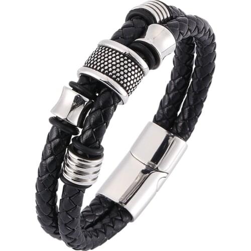 Newest Double Layer Black Braided Leather Handmade Bracelet Men Jewelry Trendy Stainless Steel Male Bracelet Punk Bangles SP0335