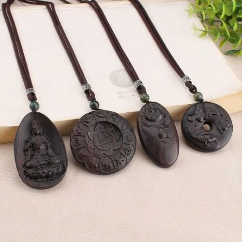 New Vintage Nepal Ebony Sweater Chain Wooden Elephant God Buddha Simple Long Pendant Wholesale