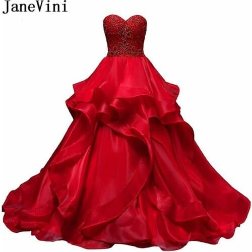 JaneVini 2019 Charming Ball Gown Red Quinceanera Dresses Sweetheart Heavy Beading Backless Organza Ruffles Long Sweet 16 Dresses