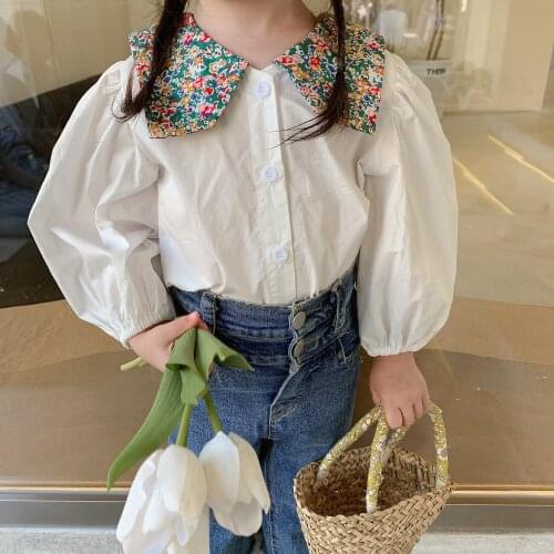 2021 autumn girls' floral doll collar solid color shirt top girls bubble sleeve sweet kids clothing shirts for girls