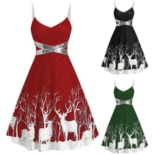 80%HOT Dress Adjustable Comfortable to Wear Elk Print Spaghetti Straps Sleeveless Dress for Christmas