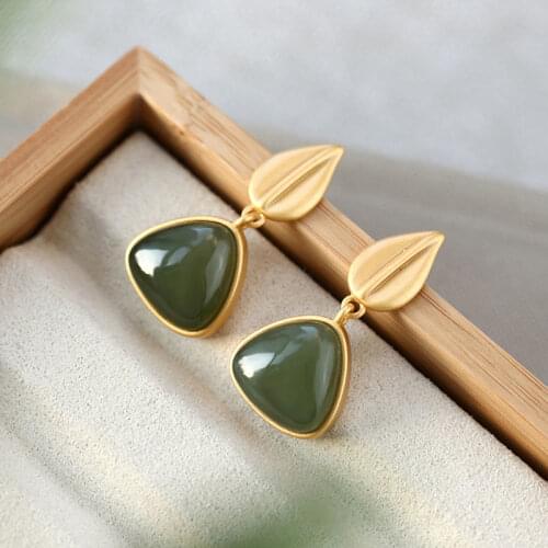 Silver inlaid natural Hetian chalcedony Earrings Chinese style retro geometric leaves elegant light luxury womens brand jewelry