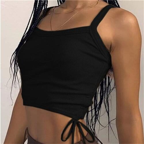 Cropped Tops Solid White Lace Up Bandage Tank Tops Vintage 90s Tops Streetwear Simple Style Ruched Tee Clothes 2021