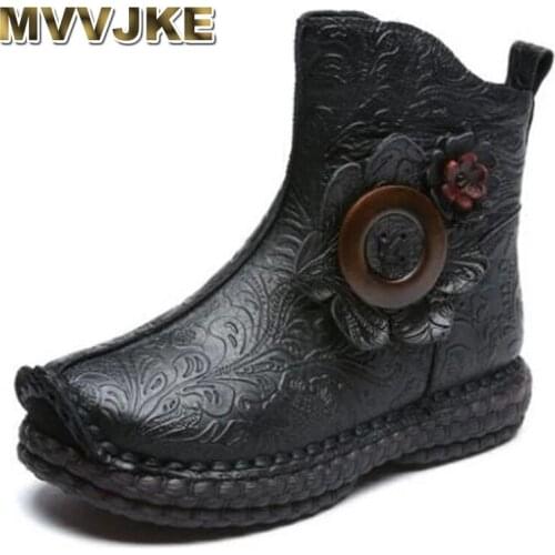 MVVJKE High End Handmade Flowers Embossing Full Genuine Leather Boots Women Fashion Boots 2021New Warm Winter Boots Women Boots