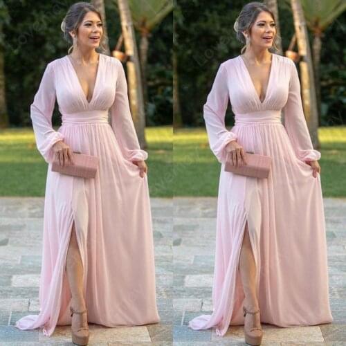 Light Pink Chiffon Prom Dresses 2021 Deep V Neck Long Sleeve Evening Dress Side Split A Line Women Party Gowns Robes De Soirée