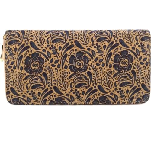 NAVY FLOWER PATTERN CORK WOMEN WALLET VEGAN PURSE