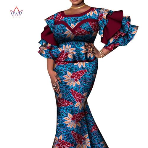 Robe Africaine Femme Ladys Prom Skirt Sets African Clothes for Women 2 Pieces Sets Flare Sleeve Tops and Printed Skirts WY653