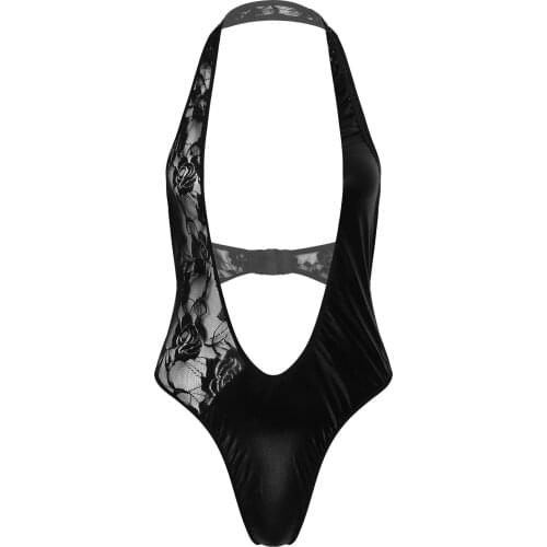 Womens Lingerie Sexy Bodysuit Halter Neck Deep V Neck Patent Leather Sexy Nightwear Patchwork Leotard See-Through Lace Bodysuit