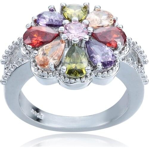 Flower love colorful cz zircon paved engaement rings fashion jewelry New silver plated rings for women Wedding cheap Wholesale