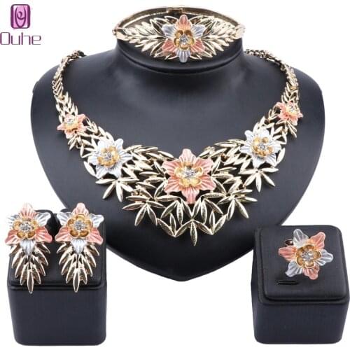 Women Luxury Dubai Gold Color Flower Crystal Necklace Earring Ring Bracelet Wedding Party Jewelry Set