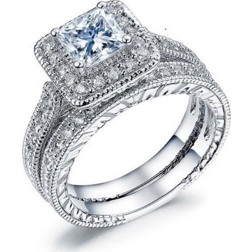 Vintage Fashion Jewelry 10KT White Gold Filled Princess Cut 5A Cubic Zirconia Square CZ Promotion Women Wedding Bridal Ring Set