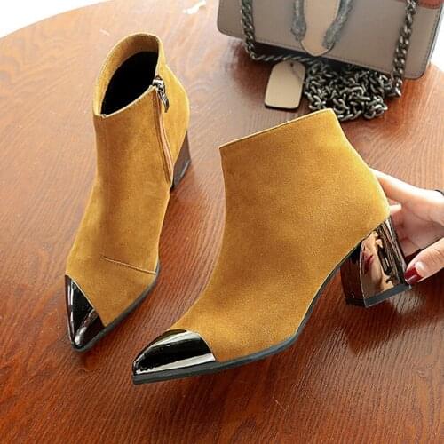 Winter Chelsea Boots Warm Shoes 2020 Square Heels Boots Women Pointed toe Sexy Ladies High Heels Boots Womens Ankle Botas