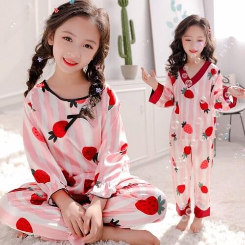 Spring Strawberry kids satin pajamas Silk children peacock beauty nightdress bathrobe baby girl pajamas sleeping clothing 4-15 Y