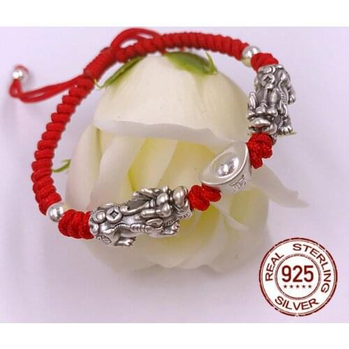 100% 925 Sterling Silver Double Pixiu With Ingot Tibetan Handmade Knots Lucky Red Rope Bracelet For Men And Women Amulet Jewelry