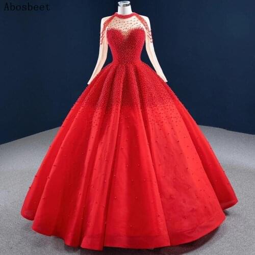 DD JYOY Red/White Pearls Ball Gown Evening Dress Long SLeeve Floor Lenght Elegant Prom Party Gown Long Formal Evening Gown