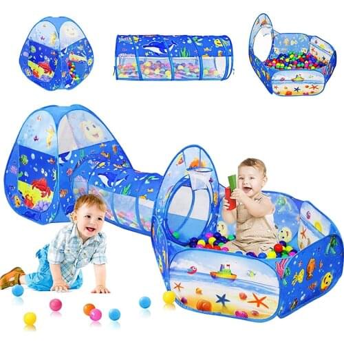 Ocean World 3 in 1 Kids Play Tent Portable Tunnel Pop Up Playhouse With Ball Pit Children Game Toy Indoor&Outdoor for Boys Girls