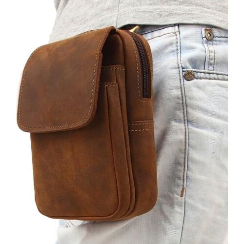 Mens Leather Belt Bag Leather Mobile Phone Bag Retro Outdoor Three-Layer Belt Small Hanging Bag