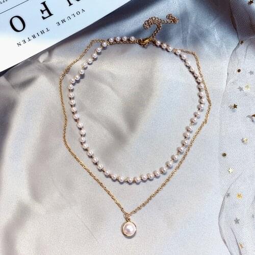 Two layers of pearl pendant necklace gold chain Engagement Wedding necklace for women Korea necklace jewelry