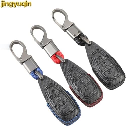 Jingyuqin Leather Carbon Remote Car Key Case Cover for Ford Fiesta Focus Mondeo Ecosport Kuga Focus Smart Key Protector