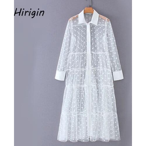 2020 fashion see through mesh maxi dress girls Tulle Lace Long dresses black perspective turn down collar cover up mujer dress