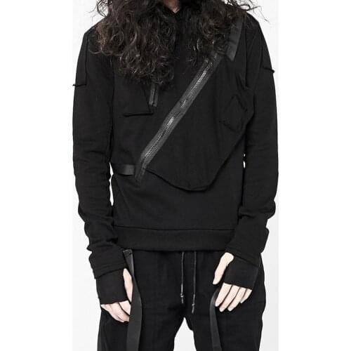 Front Chest Pocket Dark Hooded Hong Kong Style Street Fashion Mens Punk Casual Long T Black Slim Fit - Tactical Hoodie
