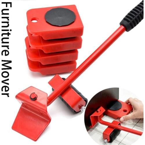 5pcs Set Furniture Lifter Heavy Duty Furniture Mover Transport Moving System 4 Move Roller 1 Wheel Bar Lifting Hand Tool Set