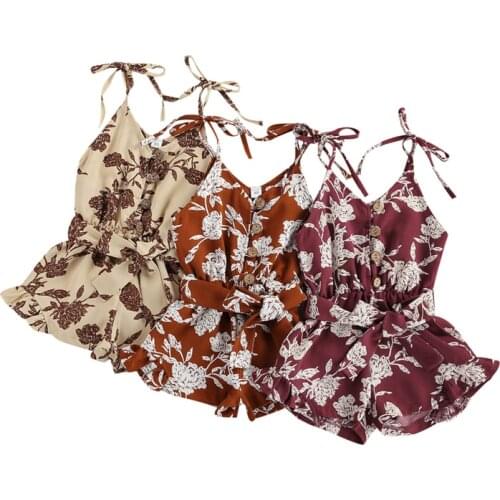 Baby Girls Jumpsuits Floral Print Sling Romper with Ruffles Sleeveless V-neck Short Jumpsuit with Waistband One Piece Clothes