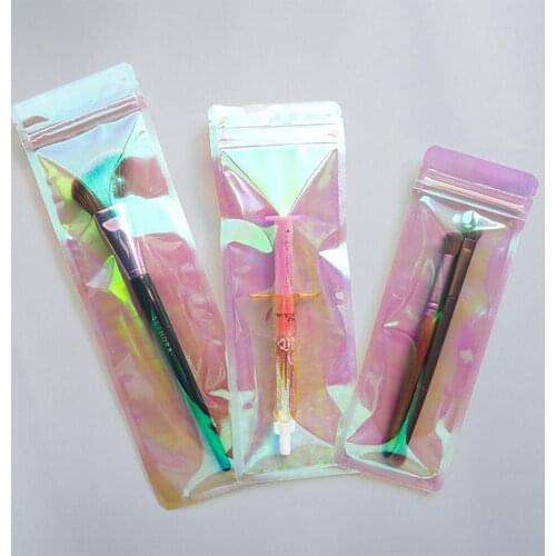 Rectangular Pink Eyelashes Packaging Bag Reclosable Holographic Cosmetic Jewelry Flat Pouches Laser Plastic Zip Lock Bags 50pcs