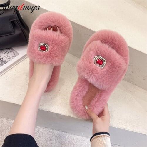 Rhinestone Fluffy Home Slippers Women Faux Fur Slippers Cozy Furry Slides Open Toe Slippers House Floor Plush Warm Shoes