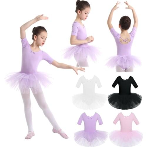 2-10 Years Kids Girls Tutu Ballerina Dancewear Short Sleeve Cotton Tulle Ballet Dance Gymnastics Leotard Performance Tutu Dress