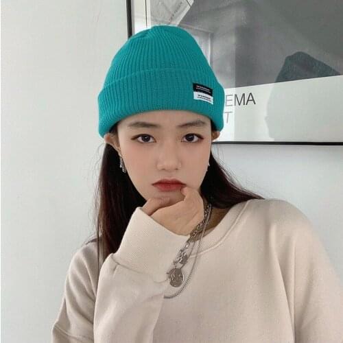 Woolen Hat Women Autumn/winter Korean Style Casual Letter Patch Knitted Blue Pullover Cap Designer Bonnets Wholesale
