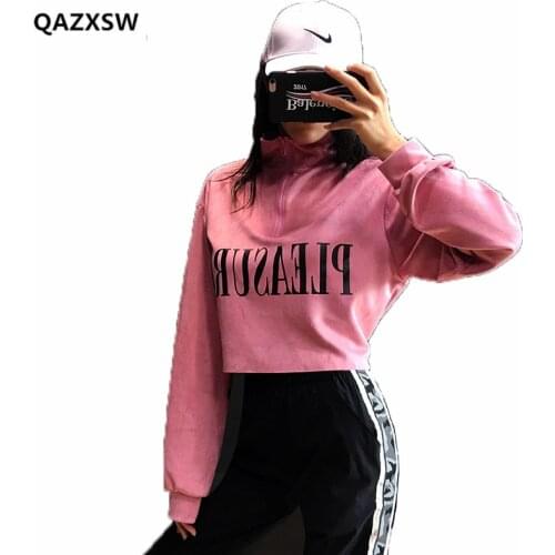 2018 Spring Women Sweatshirts European And American Retro Zipper Turtleneck Pink Hoodies Female Loose Short Fashion Coat SY048