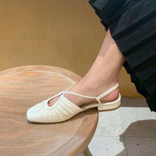 New Style Genuine Leather Low Heels Womens Sandals Square Toe Baotou Spring Summer Ladies Shoes