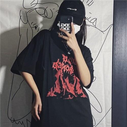 Goth Vintage Women T-Shirts Clothes Harajuku Black Punk Korean Style Tops Y2K Anime Graphic Print Dropshipping Tee Short Sleeve