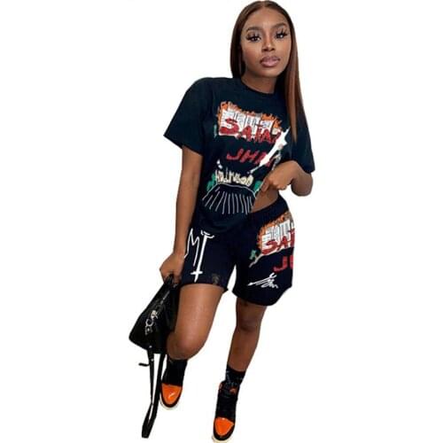 Sweet Cool Style Summer 2 Piece Outfits Women Sets Clothes 2021 Black Girl Loose T-Shirt Top Biker Shorts Sweatpants Track Suit