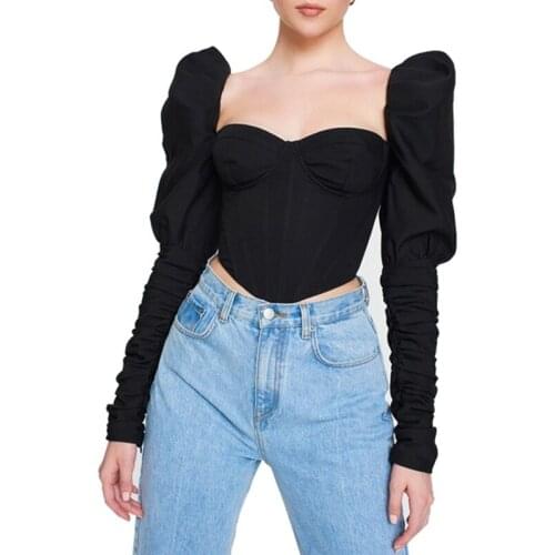 Women Vintage Puff Long Sleeve T Shirts Sexy Square Neck Corset Crop Top Irregular Hem Solid Color Slim Party Streetwear