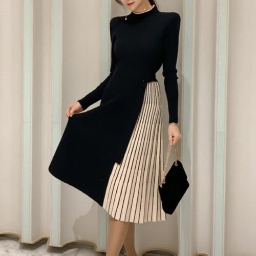 Long sleeve Clothing Women Pleated Dress Stand Neck New Korean 2021 Autumn winter Lace-up waist Long knitted Sweater Dress 530C