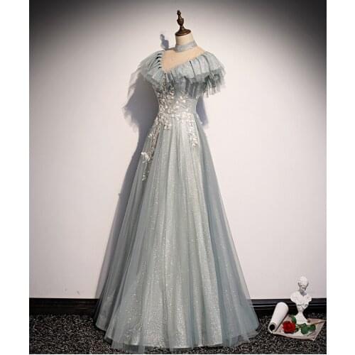 100% real vintage collar silver blue rhineston luxury ball gown medieval dress Renaissance gown queen Victorian Belle Ball gown