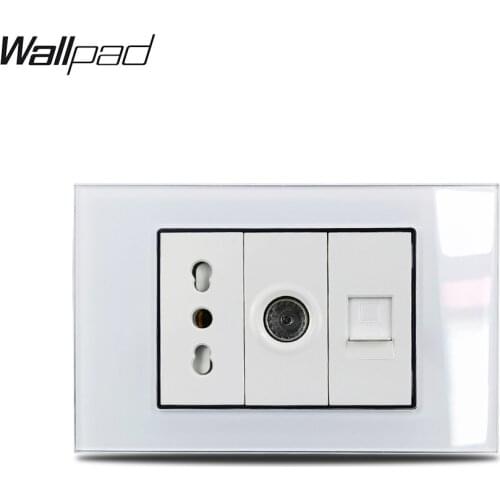 118*75mm Italian TV DATA Socket Wallpad L3 White Glass Panel 16A AC Italian Italy Socket and TV Television Data RJ45 Outlet 6M