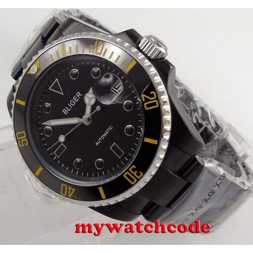 40mm Bliger black dial PVD ceramic bezel sapphire glass automatic mens watch 172