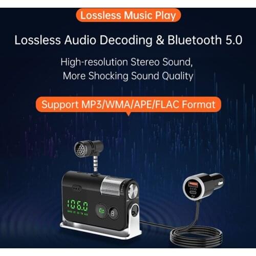 Bluetooth 5.0 Car FM Transmitter for Car QC3.0 + USB C 18W Charger BT FM Radio Adapter Hands Free Call Bass Sound Music Player