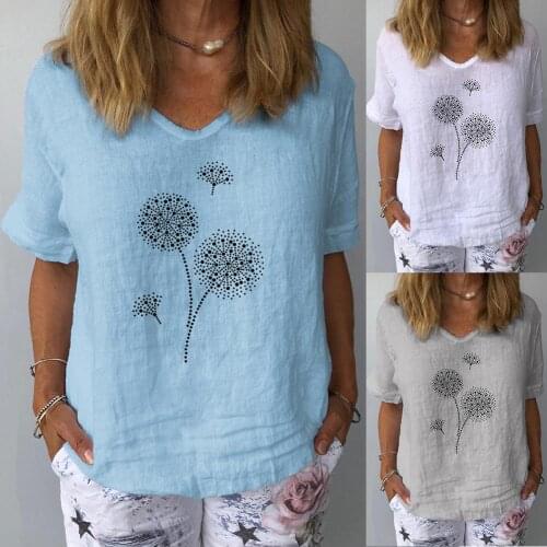 Women Blouse Summer Casual V Neck Short Sleeve Dandelion Print Cotton Linen Blouse Top T-shirt tee Womens Clothing Female Blusa