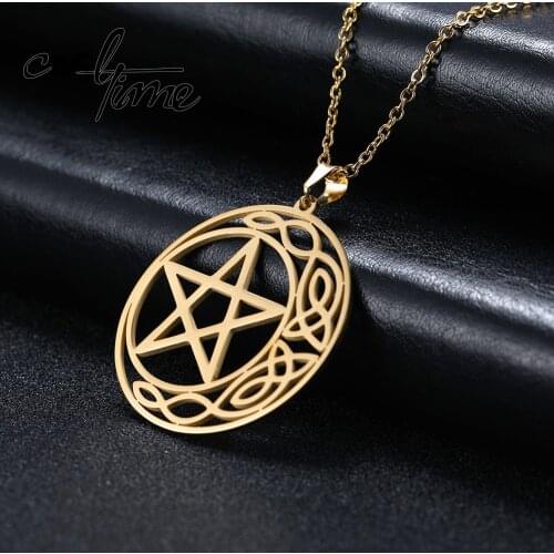 COOLTIME Simple Green Environmental Pentagram Stainless Steel Long Pendant Gold Silver Color Jewelry Women Necklaces
