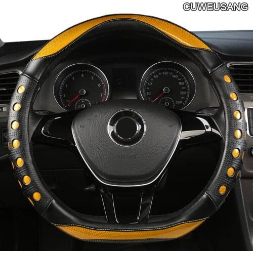 CUWEUSANG All Season Fur Genuine Leather Car Steering Wheel Cover Black Red Small Size Big Size D Shape 36cm 38cm 40cm