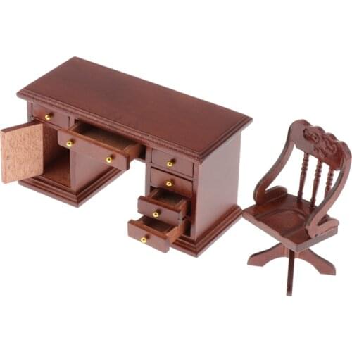 1:12 Scale Wooden Writing Desk & Chair Model Crafts, Drawers Can be Opened, Dollhouse Miniature Furniture and Accessories