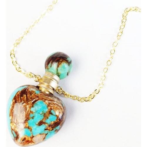 Heart Shape Gemsstone Turquoise Essential Oil Diffuser Chokers Perfume Bottle Pendant Necklace Birthstone Heart Jewelry High End